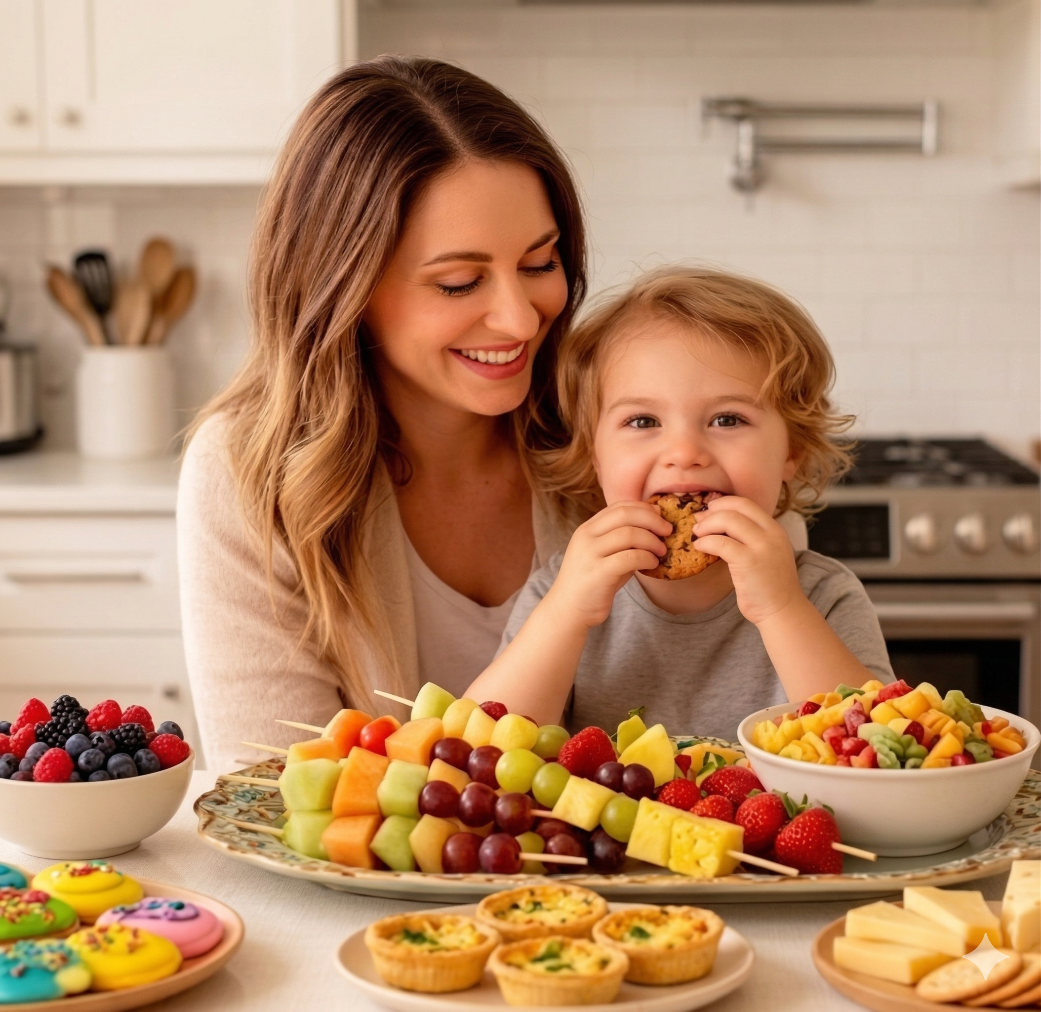 Mamá e hijo comiendo recetas de nutrición escondida